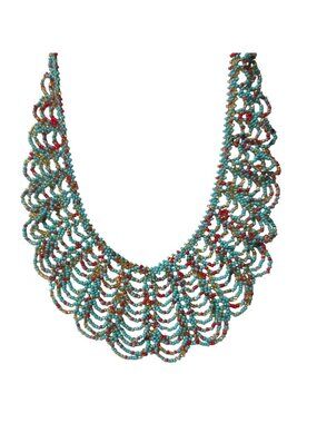 Handcrafted Beaded Necklace Southwest Ethnic Turquoise Red Gold Patterned Design